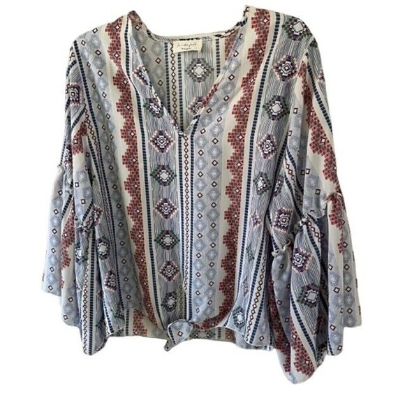 Anthropologie Lavender Field Blue Aztec Print Bell Sleeve Boho Top Large - Picture 1 of 7